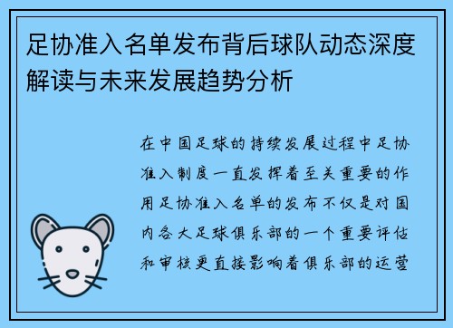 足协准入名单发布背后球队动态深度解读与未来发展趋势分析